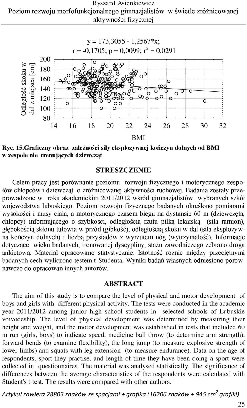 Graficzny obraz zależności siły eksplozywnej kończyn dolnych od BMI w zespole nie trenujących dziewcząt STRESZCZENIE Celem pracy jest porównanie poziomu rozwoju fizycznego i motorycznego zespołów