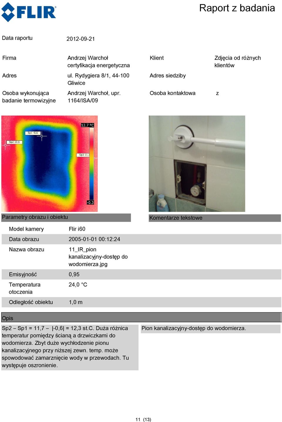 Duża różnica temperatur pomiędzy ścianą a drzwiczkami do wodomierza.