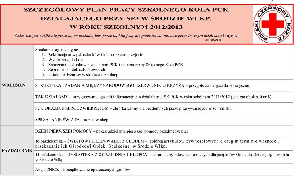 Jan Paweł II 5 Spotkanie organizacyjne 1. Rekrutacja nowych członków i ich uroczyste przyjęcie 2. Wybór zarządu koła 3. Zapoznanie członków z zadaniami PCK i planem pracy Szkolnego Koła PCK 4.