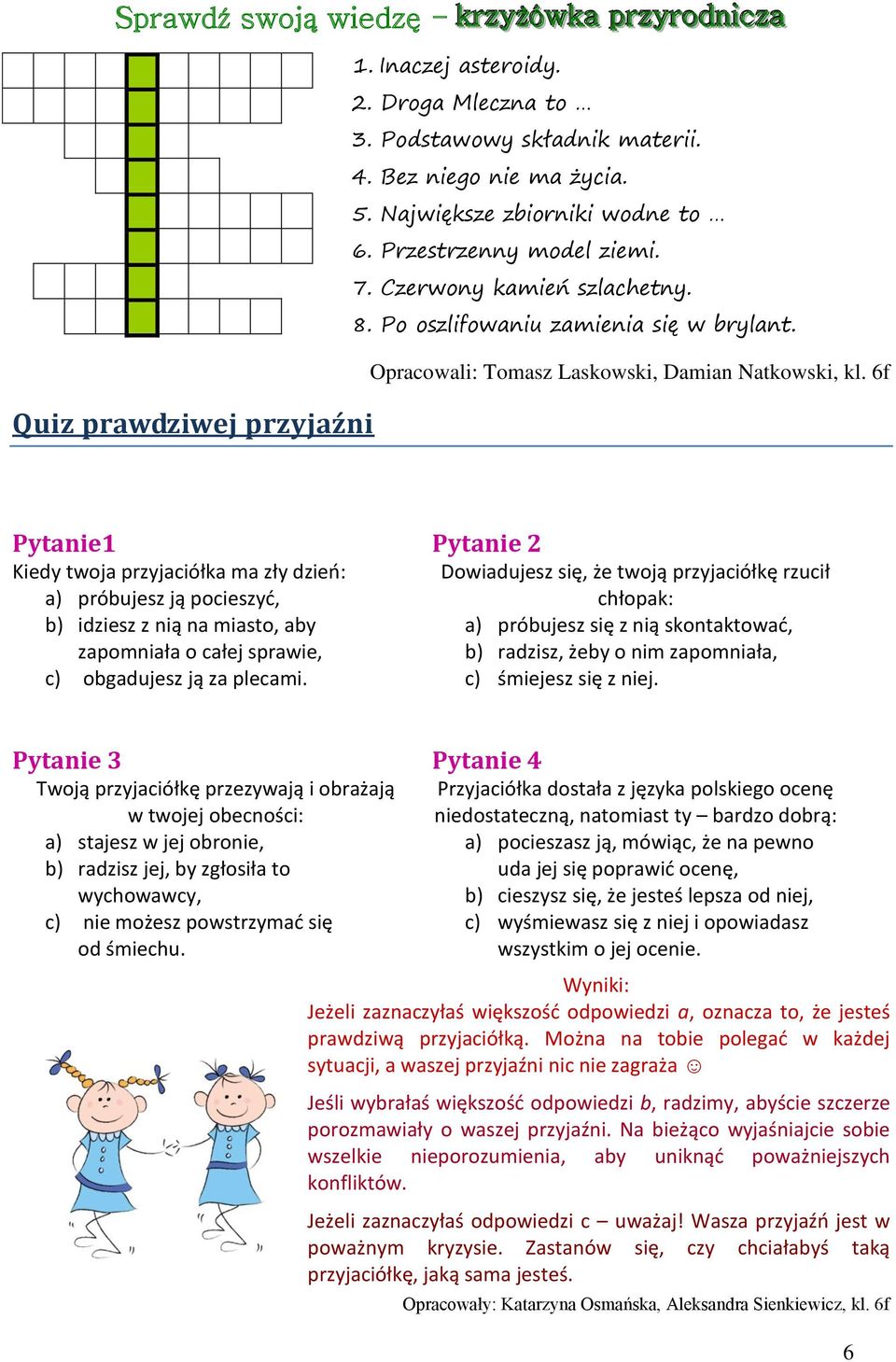 6f Pytanie1 Kiedy twoja pryjaciółka ma ły dieo: a) próbujes ją pociesyd, b) idies nią na miasto, aby apomniała o całej sprawie, c) obgadujes ją a plecami.