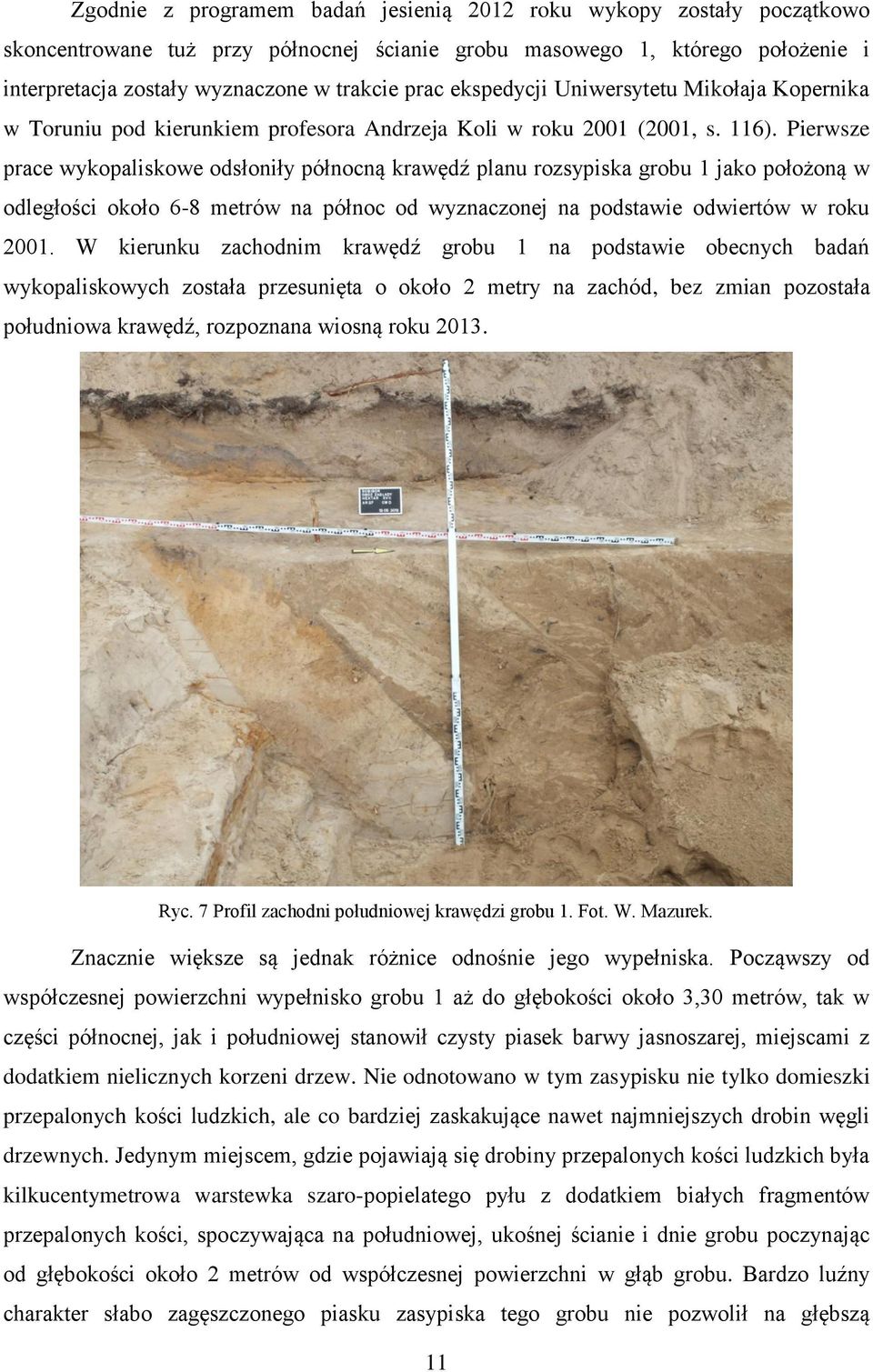 Pierwsze prace wykopaliskowe odsłoniły północną krawędź planu rozsypiska grobu 1 jako położoną w odległości około 6-8 metrów na północ od wyznaczonej na podstawie odwiertów w roku 2001.