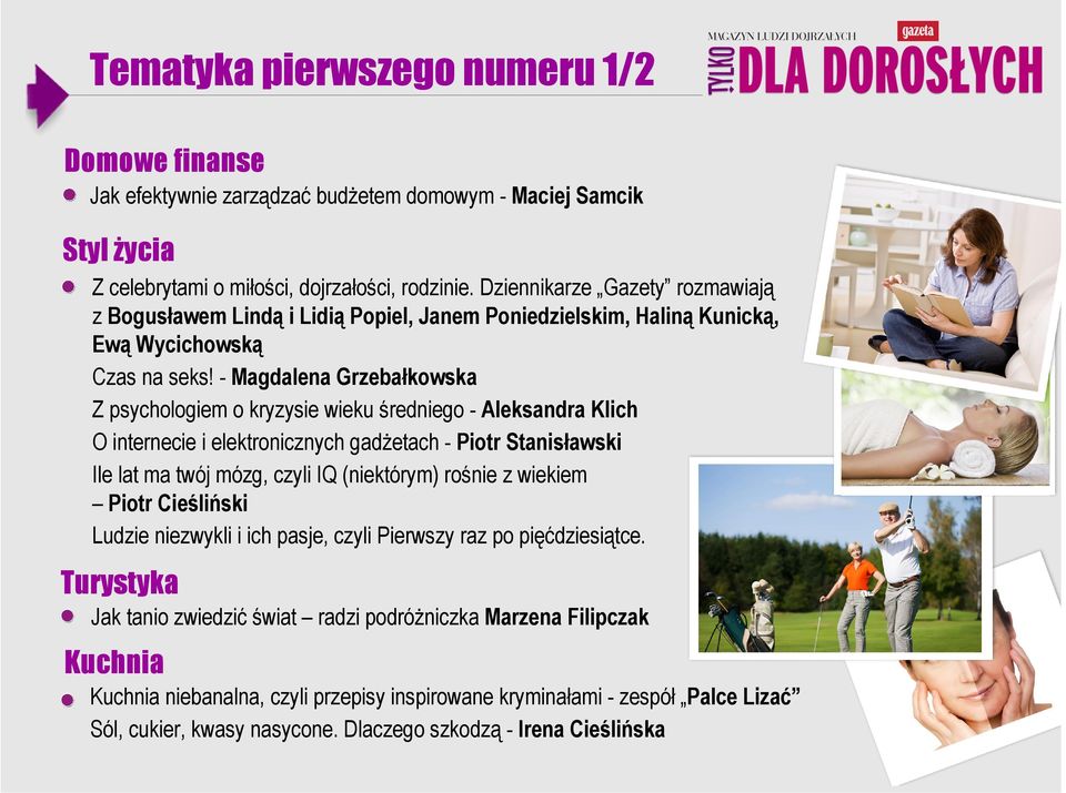 - Magdalena Grzebałkowska Z psychologiem o kryzysie wieku średniego - Aleksandra Klich O internecie i elektronicznych gadżetach - Piotr Stanisławski Ile lat ma twój mózg, czyli IQ (niektórym) rośnie