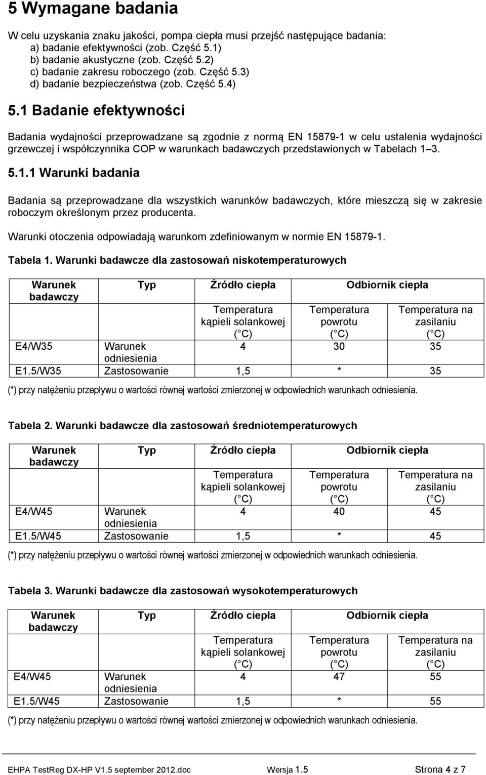 1 Badanie efektywności Badania wydajności przeprowadzane są zgodnie z normą EN 15879-1 w celu ustalenia wydajności grzewczej i współczynnika COP w warunkach badawczych przedstawionych w Tabelach 1 3.