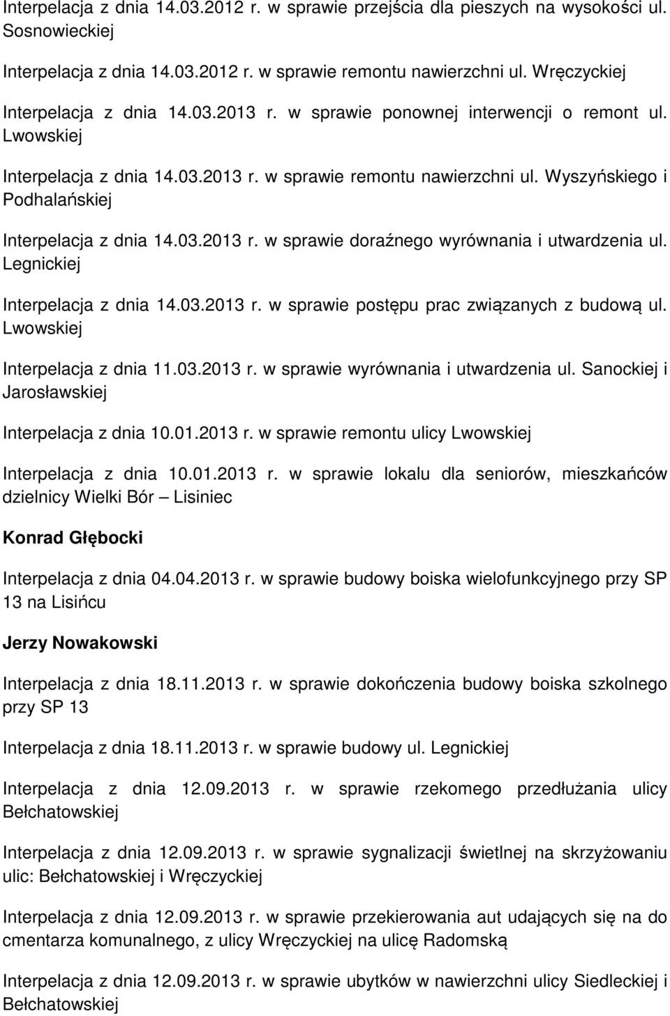 Wyszyńskiego i Podhalańskiej Interpelacja z dnia 14.03.2013 r. w sprawie doraźnego wyrównania i utwardzenia ul. Legnickiej Interpelacja z dnia 14.03.2013 r. w sprawie postępu prac związanych z budową ul.
