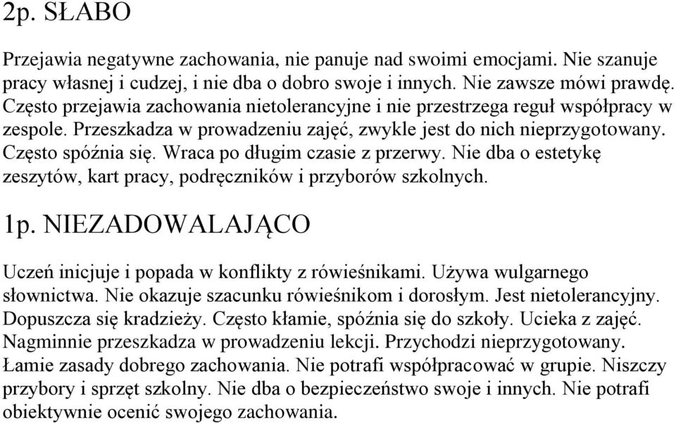 Wraca po długim czasie z przerwy. Nie dba o estetykę zeszytów, kart pracy, podręczników i przyborów szkolnych. 1p. NIEZADOWALAJĄCO Uczeń inicjuje i popada w konflikty z rówieśnikami.