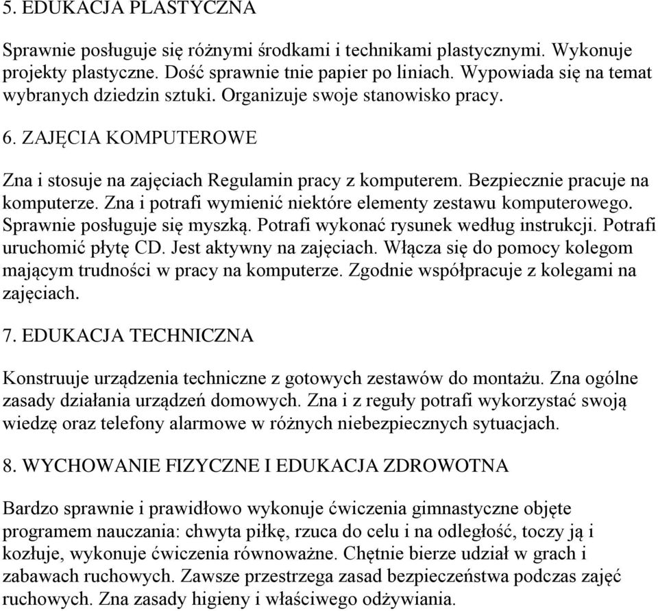 Zna i potrafi wymienić niektóre elementy zestawu komputerowego. Sprawnie posługuje się myszką. Potrafi wykonać rysunek według instrukcji. Potrafi uruchomić płytę CD. Jest aktywny na zajęciach.