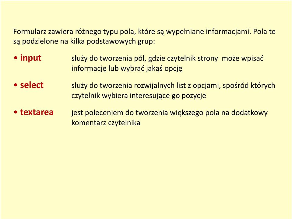 czytelnik strony może wpisać informację lub wybrać jakąś opcję służy do tworzenia rozwijalnych list z