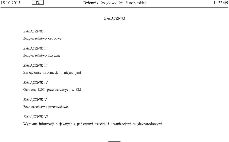 osobowe ZAŁĄCZNIK II Bezpieczeństwo fizyczne ZAŁĄCZNIK III Zarządzanie informacjami