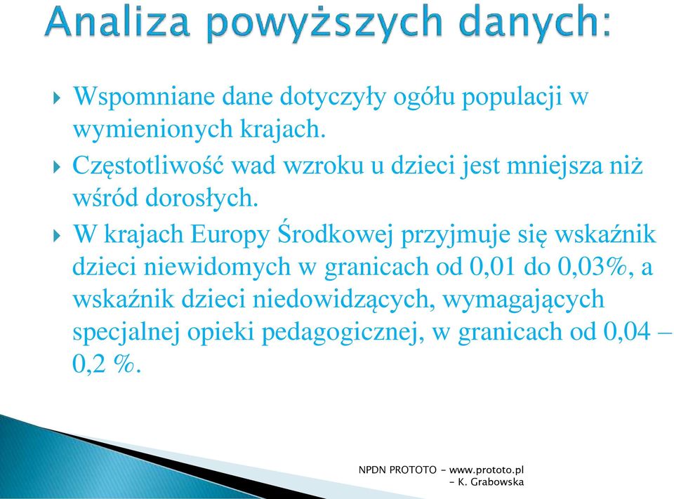 W krajach Europy Środkowej przyjmuje się wskaźnik dzieci niewidomych w granicach od