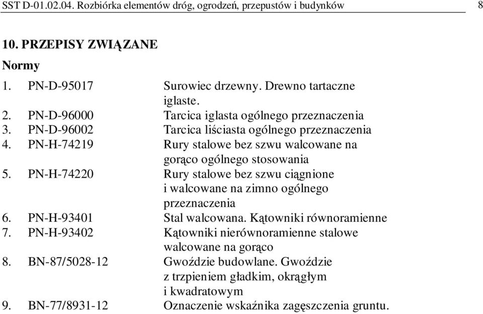 PN-H-74219 Rury stalowe bez szwu walcowane na gorąco ogólnego stosowania 5. PN-H-74220 Rury stalowe bez szwu ciągnione i walcowane na zimno ogólnego przeznaczenia 6.