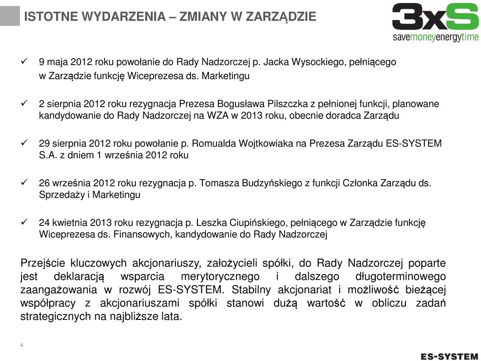 powołanie p. Romualda Wojtkowiaka na Prezesa Zarządu ES-SYSTEM S.A. z dniem 1 września 2012 roku 26 września 2012 roku rezygnacja p. Tomasza Budzyńskiego z funkcji Członka Zarządu ds.