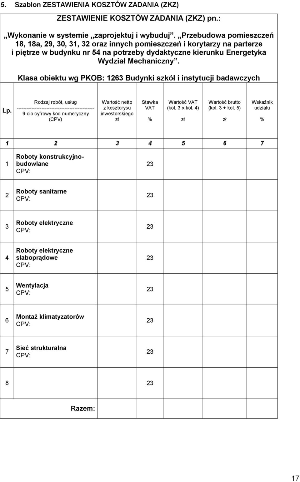 Klasa obiektu wg PKOB: 1263 Budynki szkół i instytucji badawczych Lp.