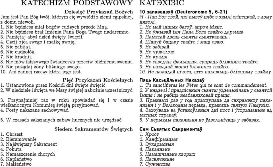 3. Pamiętaj abyś dzień święty święci Ð. 3. Памятай дзень сьвяты сьвяткаваць.. 4. Czcij ojca swego i matkę swoją. 4. Шануй бацьку свайго i мацi сваю. 5. Nie zabijaj. 5. He забiвай. 6. Nie cudzo Ðóż. 6. He чужалож.