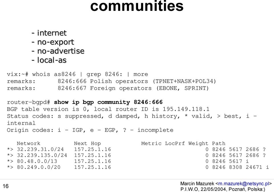 1 Status codes: s suppressed, d damped, h history, * valid, > best, i - internal Origin codes: i - IGP, e - EGP,?