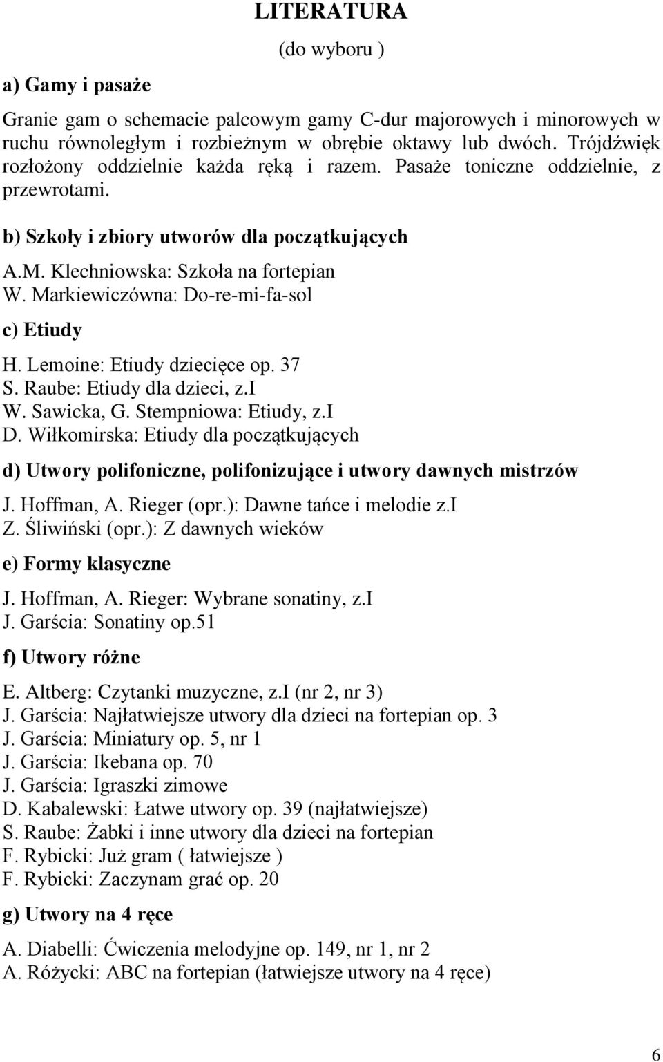 Markiewiczówna: Do-re-mi-fa-sol c) Etiudy H. Lemoine: Etiudy dziecięce op. 37 S. Raube: Etiudy dla dzieci, z.i W. Sawicka, G. Stempniowa: Etiudy, z.i D.