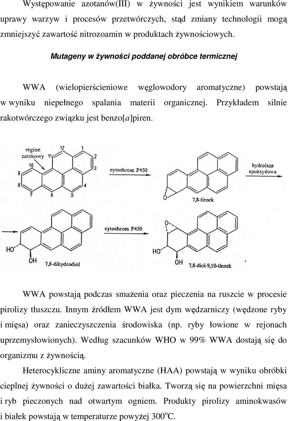 Przykładem silnie rakotwórczego związku jest benzo[a]piren. WWA powstają podczas smażenia oraz pieczenia na ruszcie w procesie pirolizy tłuszczu.