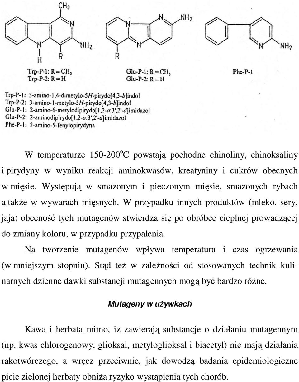 W przypadku innych produktów (mleko, sery, jaja) obecność tych mutagenów stwierdza się po obróbce cieplnej prowadzącej do zmiany koloru, w przypadku przypalenia.
