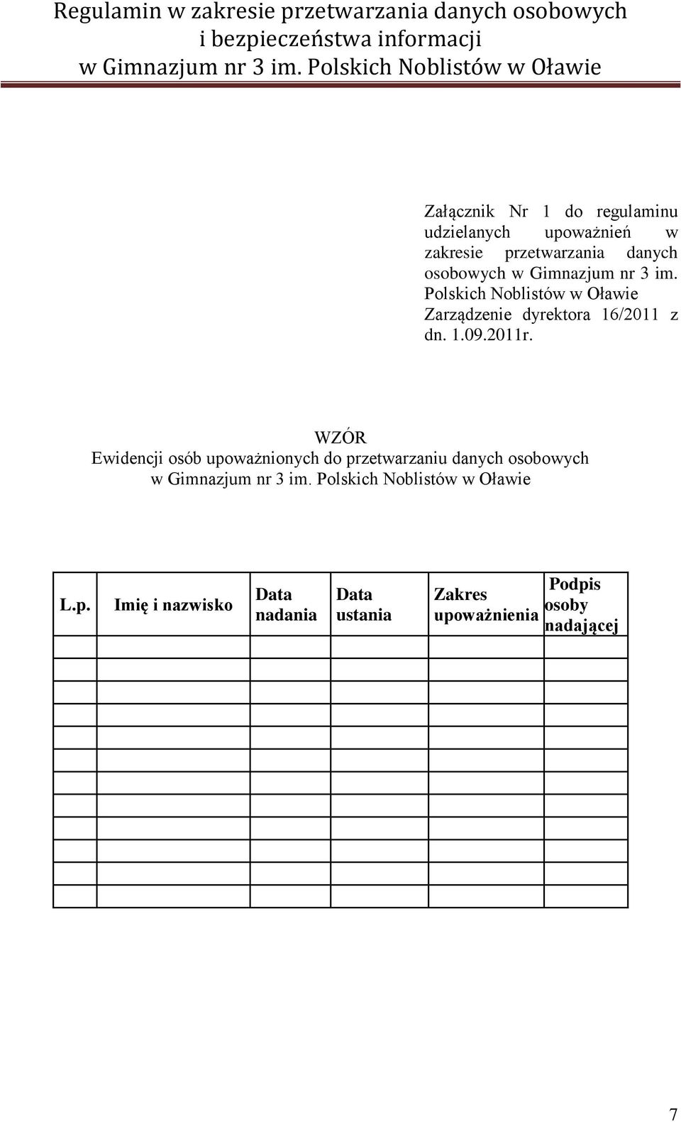 Polskich Noblistów w Oławie Zarządzenie dyrektora 16/2011 z dn. 1.09.2011r.