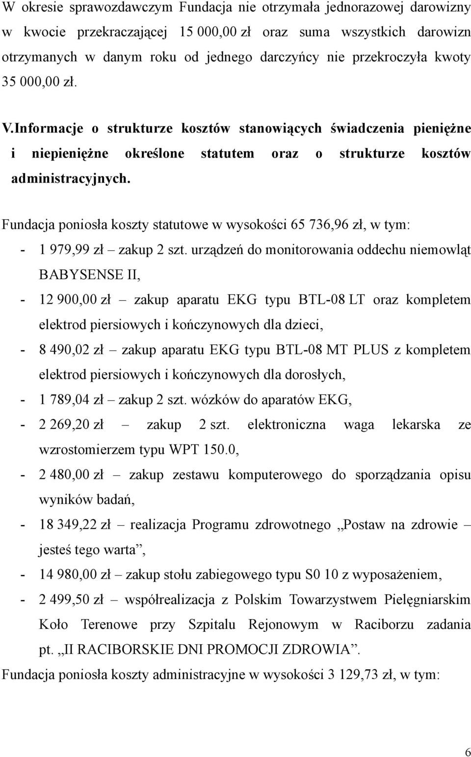 Fundacja poniosła koszty statutowe w wysokości 65 736,96 zł, w tym: - 1 979,99 zł zakup 2 szt.
