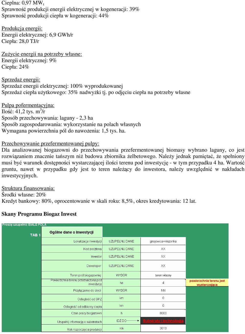 po odjęciu ciepła na potrzeby własne Pulpa pofermentacyjna: Ilość: 41,2 tys.