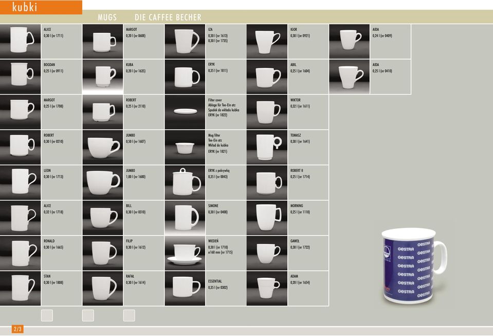 WIKTOR 0,32 l (nr 1611) ROBERT 0,30 l (nr 0210) JUMBO 0,50 l (nr 1607) Mug filter Tee-Ein atz Wkład do kubka TOMASZ 0,30 l (nr 1641) ERYK (nr 1821) LEON JUMBO ERYK z pokrywką ROBERT II 0,30 l (nr