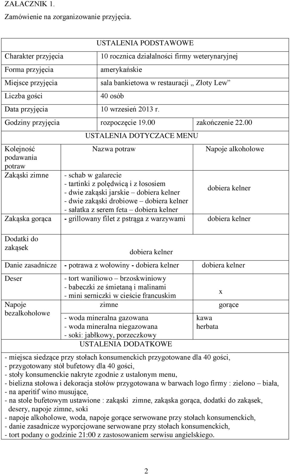 przyjęcia 10 wrzesień 2013 r. Godziny przyjęcia rozpoczęcie 19.00 zakończenie 22.