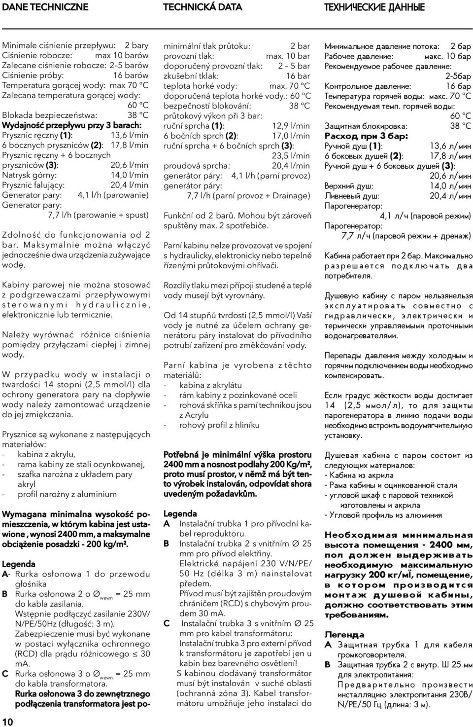 Prysznic ręczny + 6 bocznych pryszniców (3): 20,6 l/min Natrysk górny: 4,0 l/min Prysznic falujący: 20,4 l/min Generator pary: 4, l/h (parowanie) Generator pary: 7,7 l/h (parowanie + spust) Zdolność