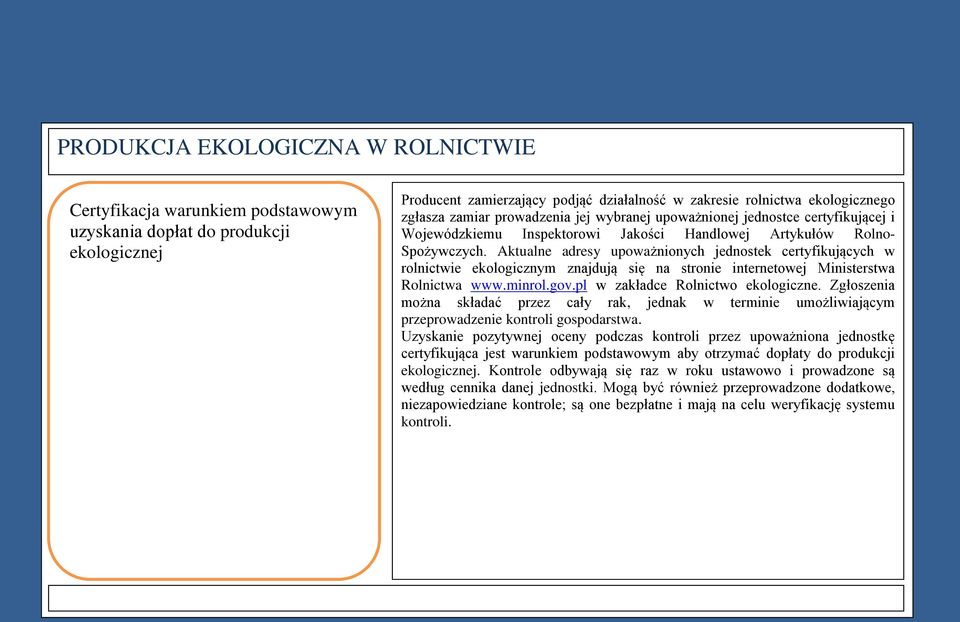 Aktualne adresy upoważnionych jednostek certyfikujących w rolnictwie ekologicznym znajdują się na stronie internetowej Ministerstwa Rolnictwa www.minrol.gov.pl w zakładce Rolnictwo ekologiczne.