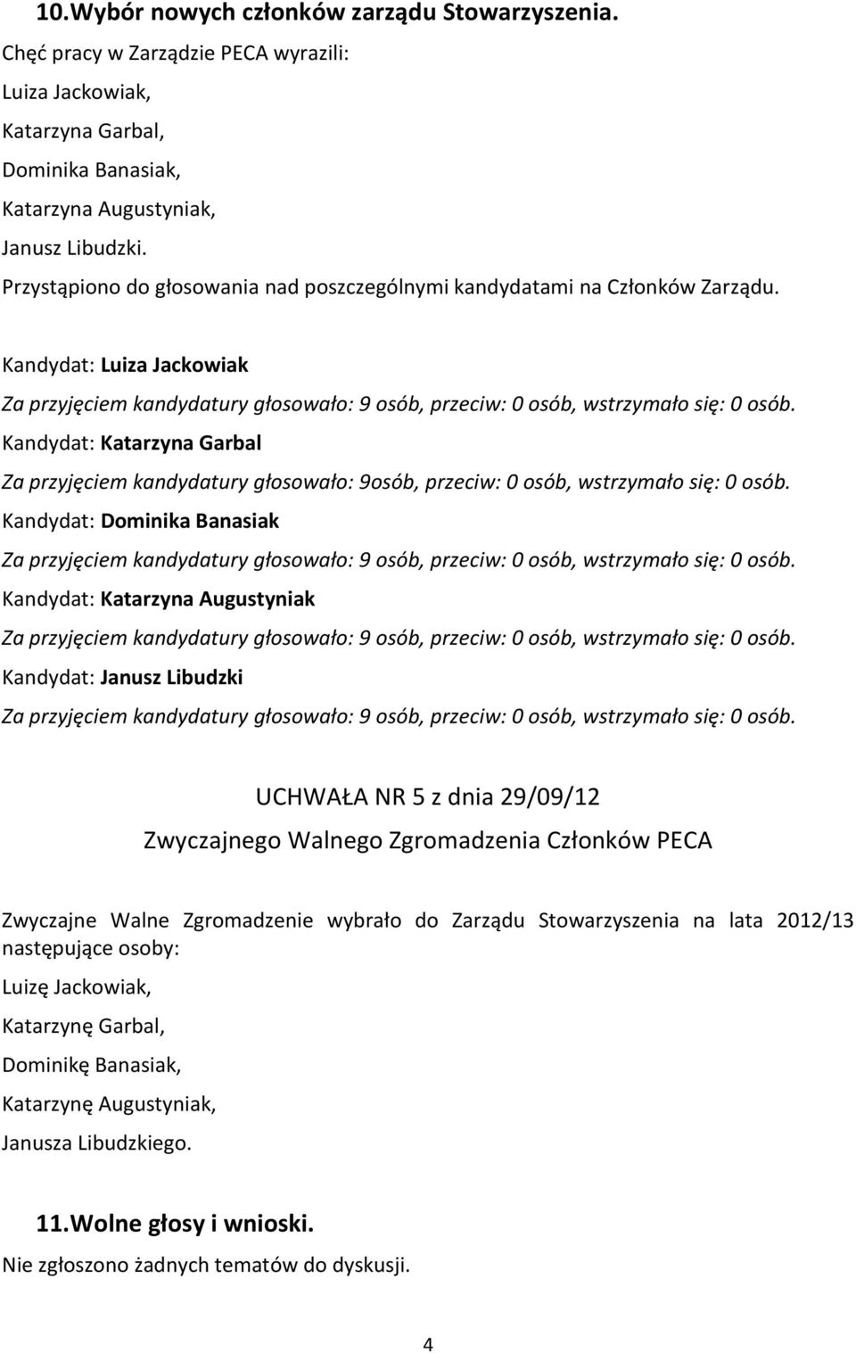 Kandydat: Luiza Jackowiak Kandydat: Katarzyna Garbal Za przyjęciem kandydatury głosowało: 9osób, przeciw: 0 osób, wstrzymało się: 0 osób.