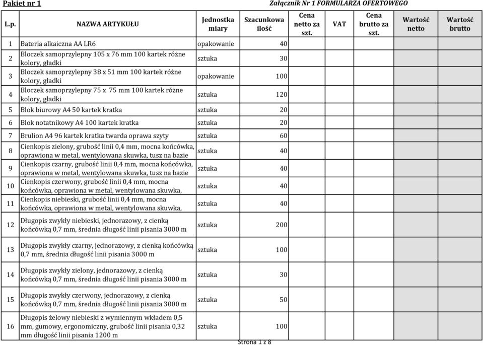 kartek różne kolory, gładki Bloczek samoprzylepny 75 x 75 mm 100 kartek różne kolory, gładki opakowanie 100 sztuka 120 5 Blok biurowy A4 50 kartek kratka sztuka 20 6 Blok notatnikowy A4 100 kartek