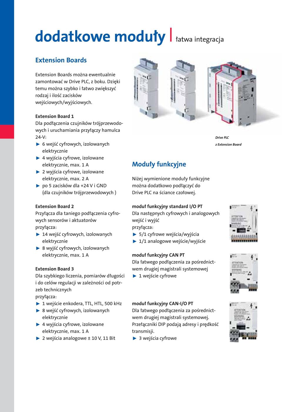 Extension Board 1 Dla podłączenia czujników trójprzewodowych i uruchamiania przyłączy hamulca 24-V: 6 wejść cyfrowych, izolowanych elektrycznie 4 wyjścia cyfrowe, izolowane elektrycznie, max.