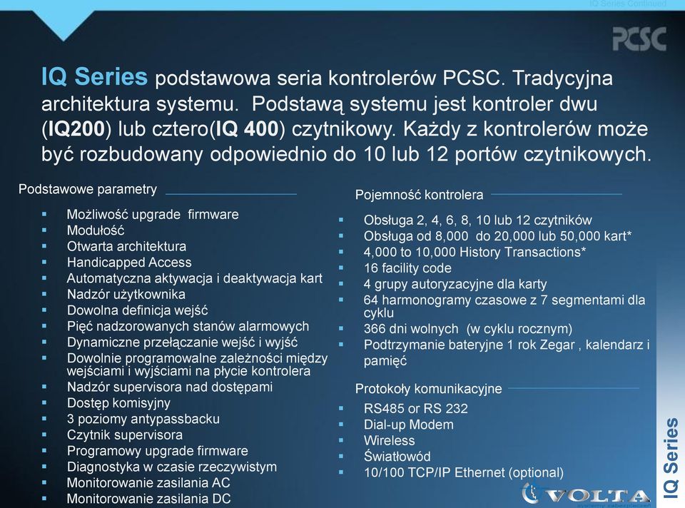 Podstawowe parametry Możliwość upgrade firmware Modułość Otwarta architektura Handicapped Access Automatyczna aktywacja i deaktywacja kart Nadzór użytkownika Dowolna definicja wejść Pięć