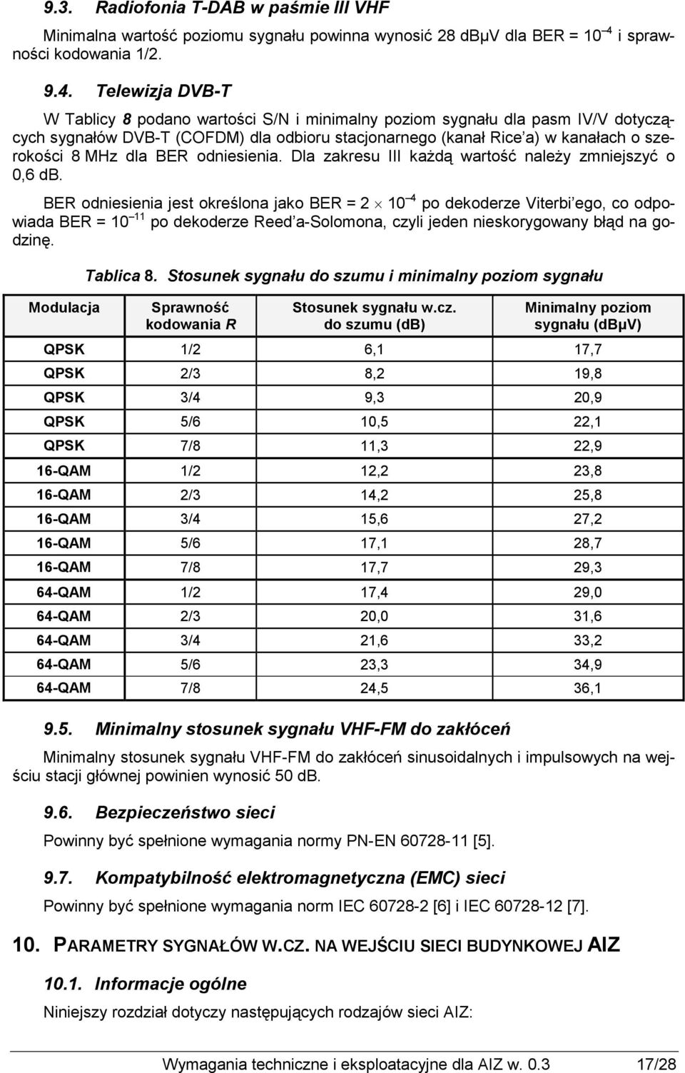 Telewizja DVB-T W Tablicy 8 podano wartości S/N i minimalny poziom sygnału dla pasm IV/V dotyczących sygnałów DVB-T (COFDM) dla odbioru stacjonarnego (kanał Rice a) w kanałach o szerokości 8 MHz dla