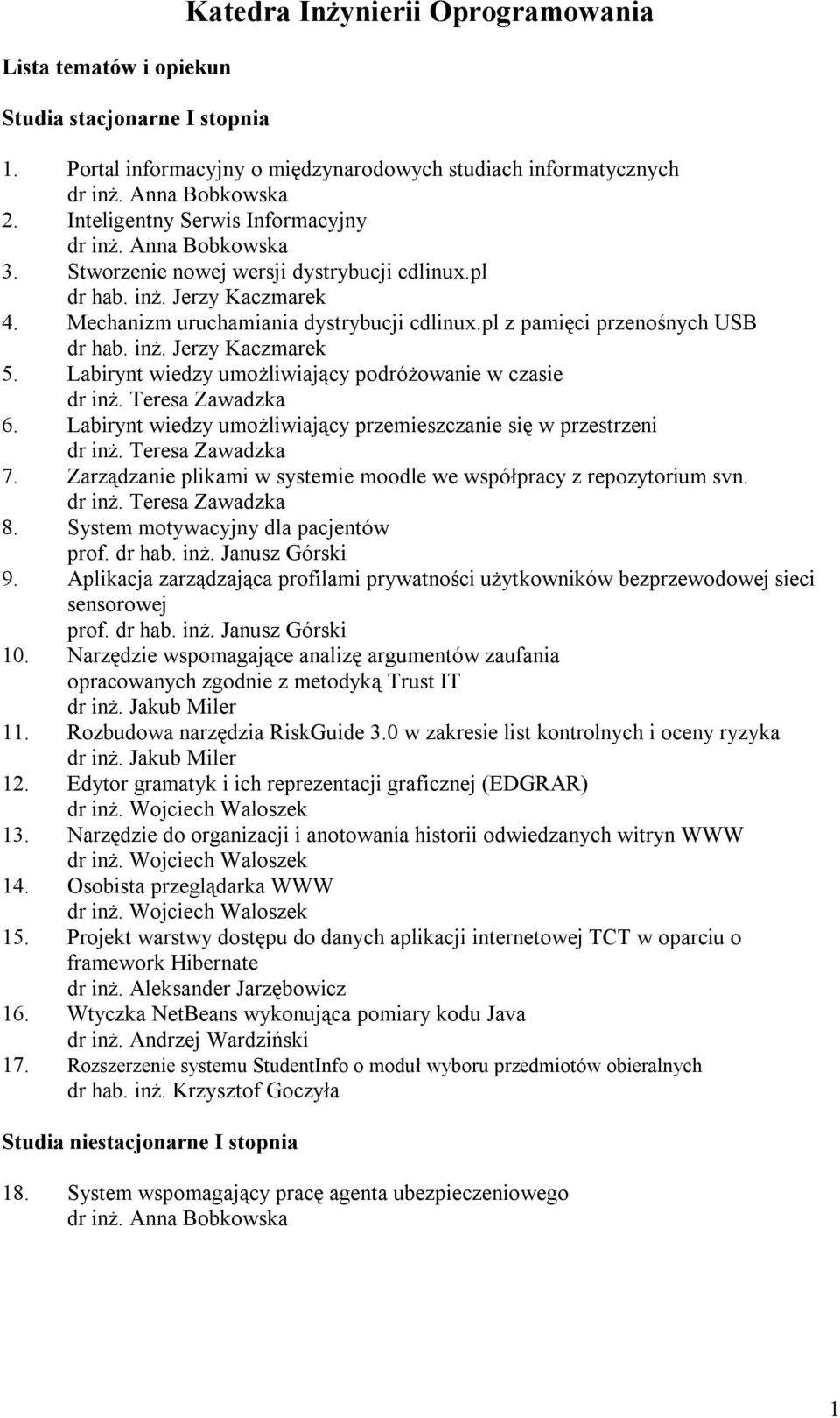 pl z pamięci przenośnych USB dr hab. inż. Jerzy Kaczmarek 5. Labirynt wiedzy umożliwiający podróżowanie w czasie dr inż. Teresa Zawadzka 6.