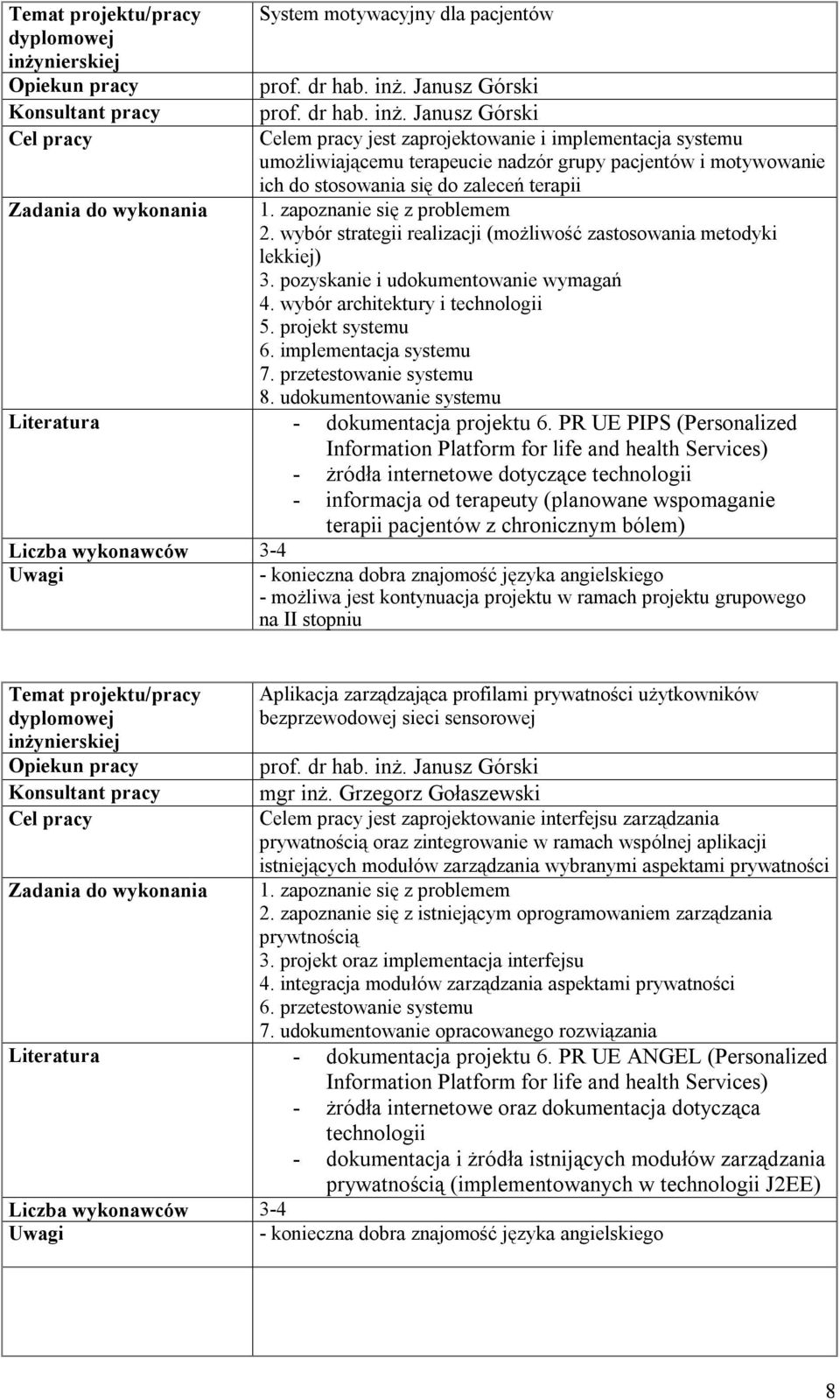 Janusz Górski Celem pracy jest zaprojektowanie i implementacja systemu umożliwiającemu terapeucie nadzór grupy pacjentów i motywowanie ich do stosowania się do zaleceń terapii 1.