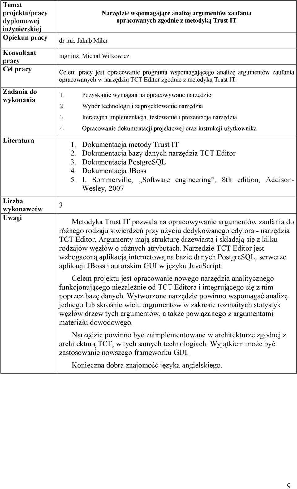 opracowanych w narzędziu TCT Editor zgodnie z metodyką Trust IT. 1. Pozyskanie wymagań na opracowywane narzędzie 2. Wybór technologii i zaprojektowanie narzędzia 3.