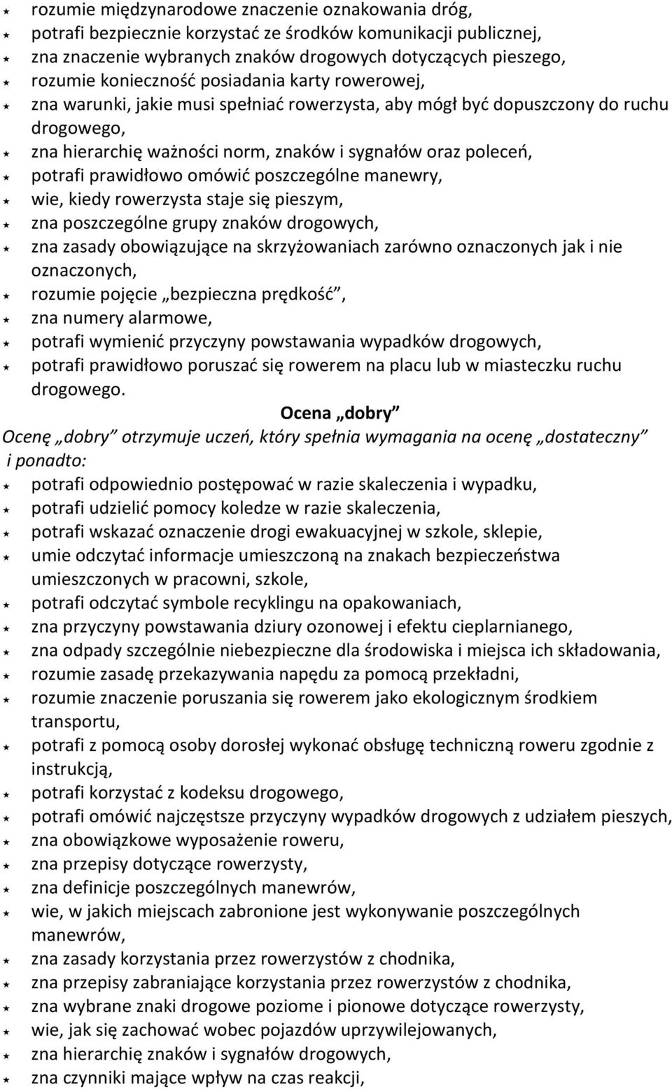 omówić poszczególne manewry, wie, kiedy rowerzysta staje się pieszym, zna poszczególne grupy znaków drogowych, zna zasady obowiązujące na skrzyżowaniach zarówno oznaczonych jak i nie oznaczonych,