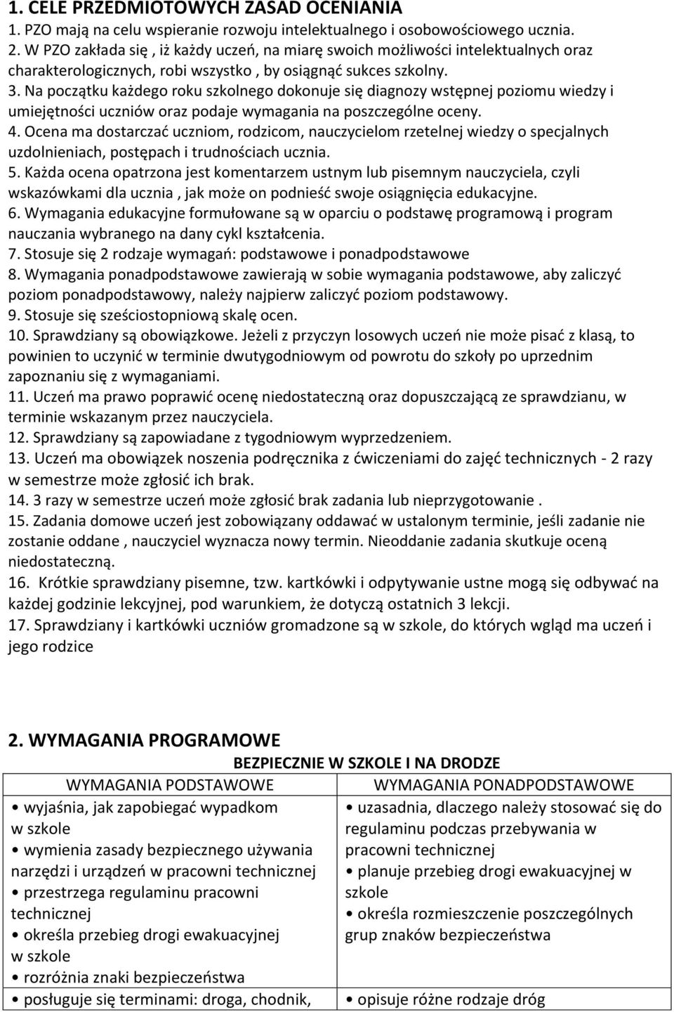 Na początku każdego roku szkolnego dokonuje się diagnozy wstępnej poziomu wiedzy i umiejętności uczniów oraz podaje wymagania na poszczególne oceny. 4.