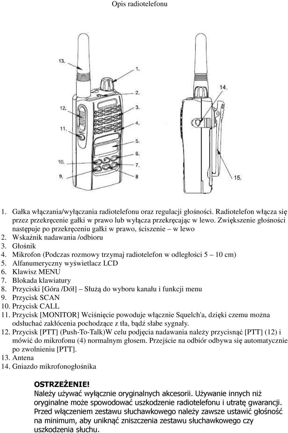 Alfanumeryczny wyświetlacz LCD 6. Klawisz MENU 7. Blokada klawiatury 8. Przyciski [Góra /Dół] Służą do wyboru kanału i funkcji menu 9. Przycisk SCAN 10. Przycisk CALL 11.