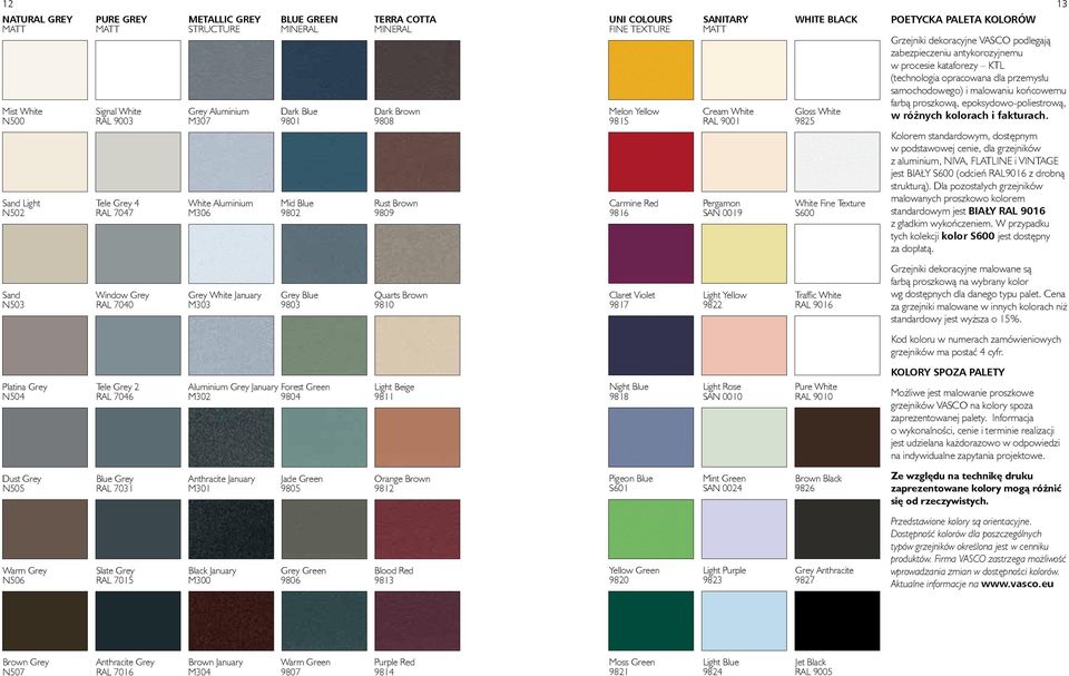 Aluminium Grey January Forest Green Light Beige N504 RAL 7046 M302 9804 9811 Dust Grey Blue Grey Anthracite January Jade Green Orange Brown N505 RAL 7031 M301 9805 9812 Warm Grey Slate Grey Black