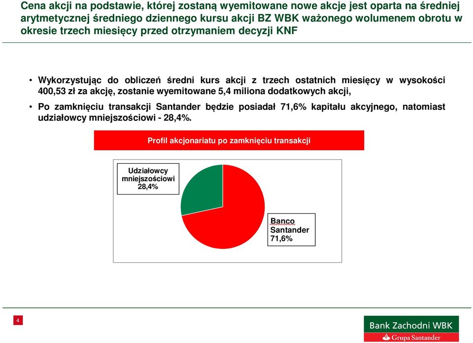 wysokości 400,53 zł za akcję, zostanie wyemitowane 5,4 miliona dodatkowych akcji, Po zamknięciu transakcji Santander będzie posiadał 71,6% kapitału