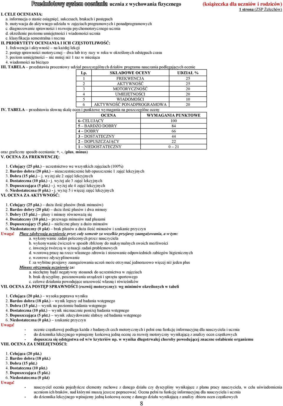 PRIORYTETY OCENIANIA I ICH CZĘSTOTLIWOŚĆ: 1. frekwencja i aktywność na każdej lekcji 2. postęp sprawności motorycznej dwa lub trzy razy w roku w określonych odstępach czasu 3.