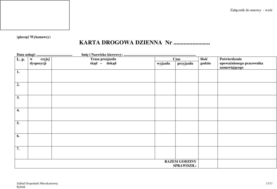 w czyjej Trasa przejazdu Czas dyspozycji skąd dokąd wyjazdu przyjazdu 1.