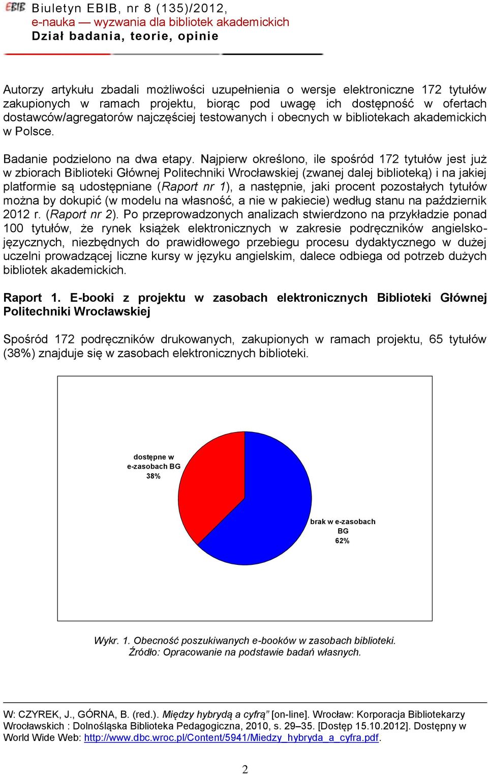 Najpierw określono, ile spośród 172 tytułów jest już w zbiorach Biblioteki Głównej Politechniki Wrocławskiej (zwanej dalej biblioteką) i na jakiej platformie są udostępniane (Raport nr 1), a