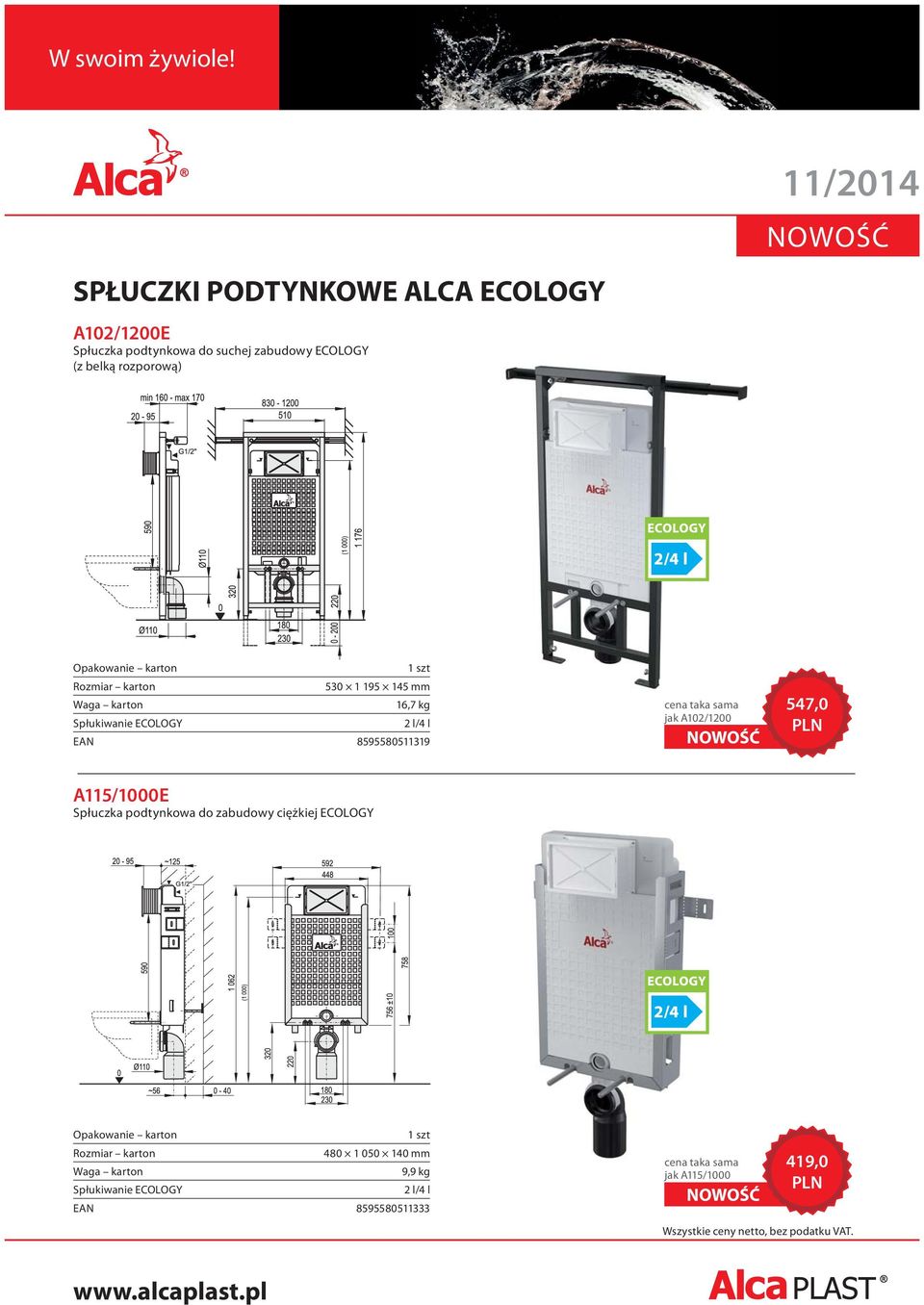 taka sama jak A102/1200 547,0 A115/1000E Spłuczka podtynkowa do zabudowy ciężkiej ECOLOGY 1 szt