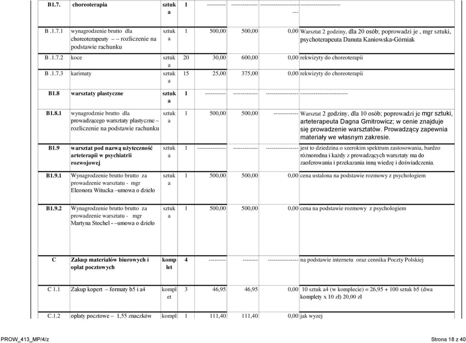 wrsztty plstyczne 1 B1.8.1 wyngrodznie brutto dl prowdzącego wrsztty plstyczne rozliczenie n podstwie rchunku B1.