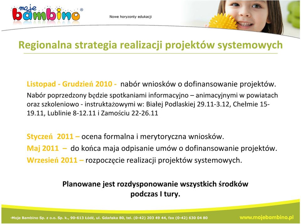 12, Chełmie 15-19.11, Lublinie 8-12.11 i Zamościu 22-26.11 Styczeń 2011 ocena formalna i merytoryczna wniosków.