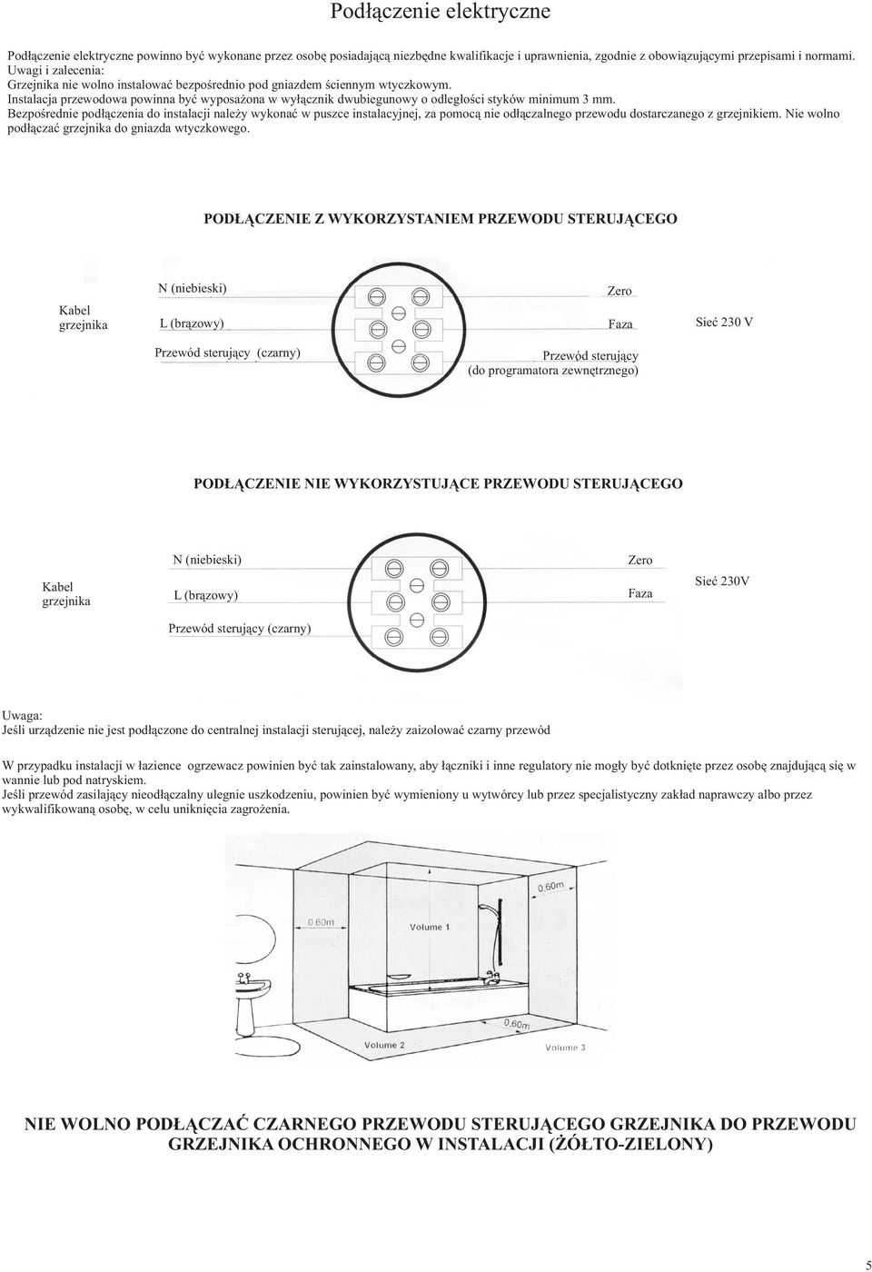 Bezpoœrednie pod³¹czenia do instalacji nale y wykonaæ w puszce instalacyjnej, za pomoc¹ nie od³¹czalnego przewodu dostarczanego z grzejnikiem. Nie wolno pod³¹czaæ grzejnika do gniazda wtyczkowego.