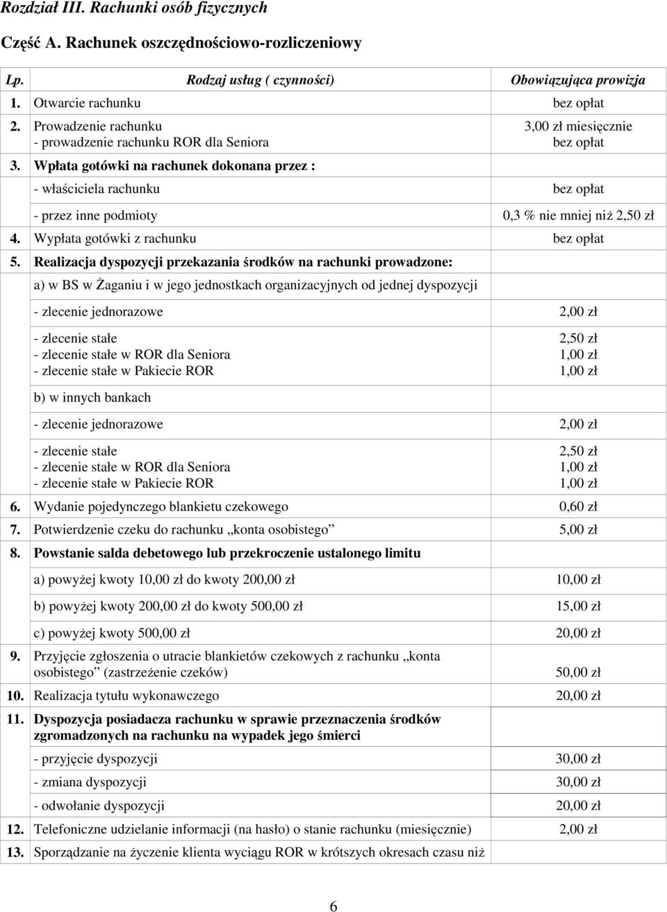 Realizacja dyspozycji przekazania środków na rachunki prowadzone: a) w BS w śaganiu i w jego jednostkach organizacyjnych od jednej dyspozycji - zlecenie jednorazowe 2,00 zł - zlecenie stałe -