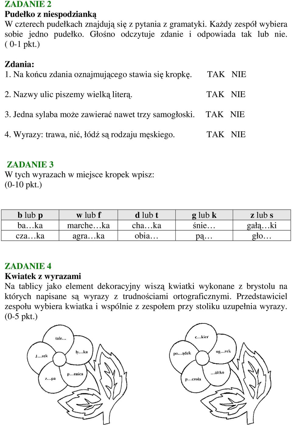 Wyrazy: trawa, nić, łódź są rodzaju męskiego. TAK NIE ZADANIE 3 W tych wyrazach w miejsce kropek wpisz: (0-10 pkt.